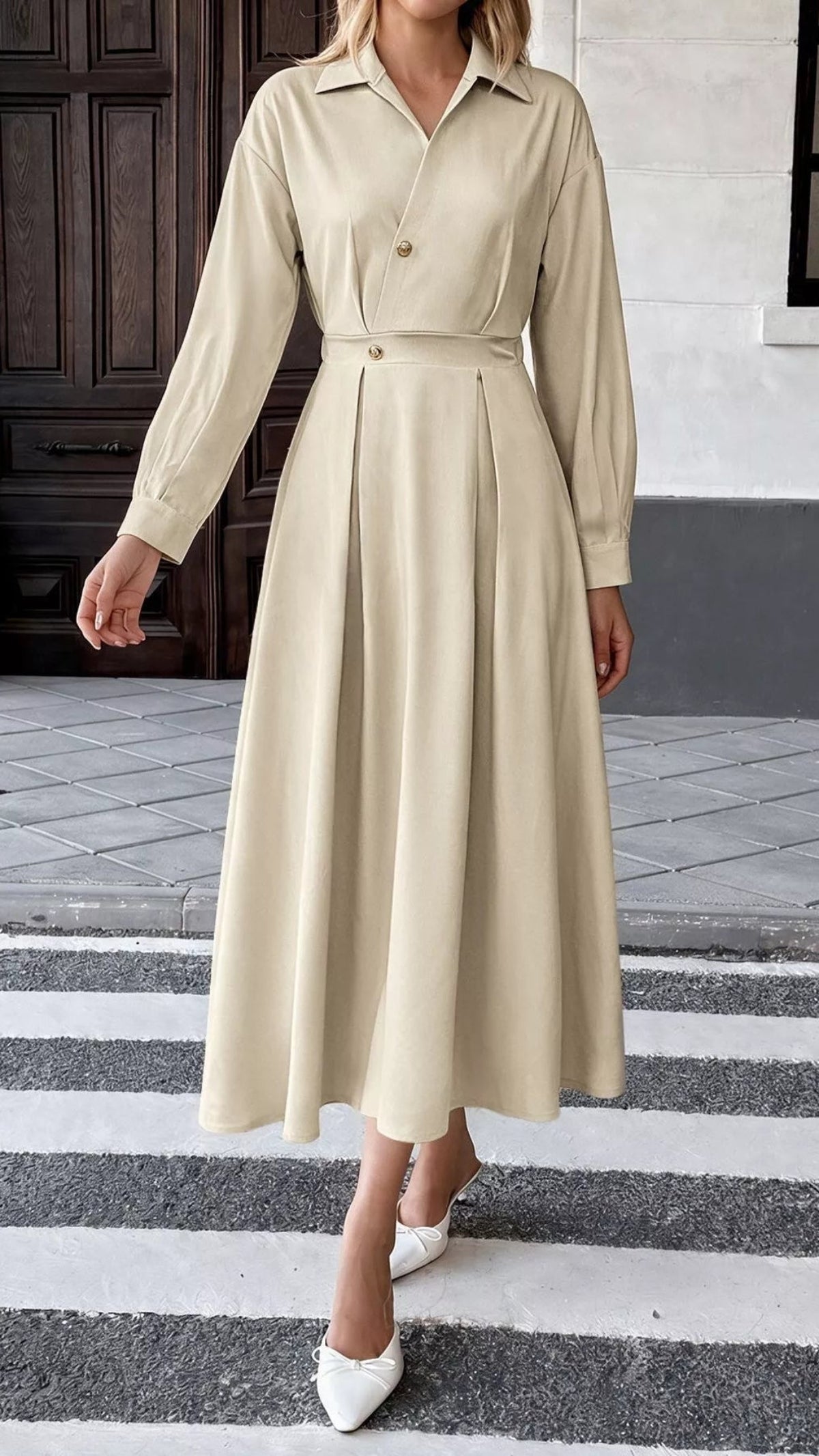 Women's Pleated Button Detail Long Sleeve Shirt Dress