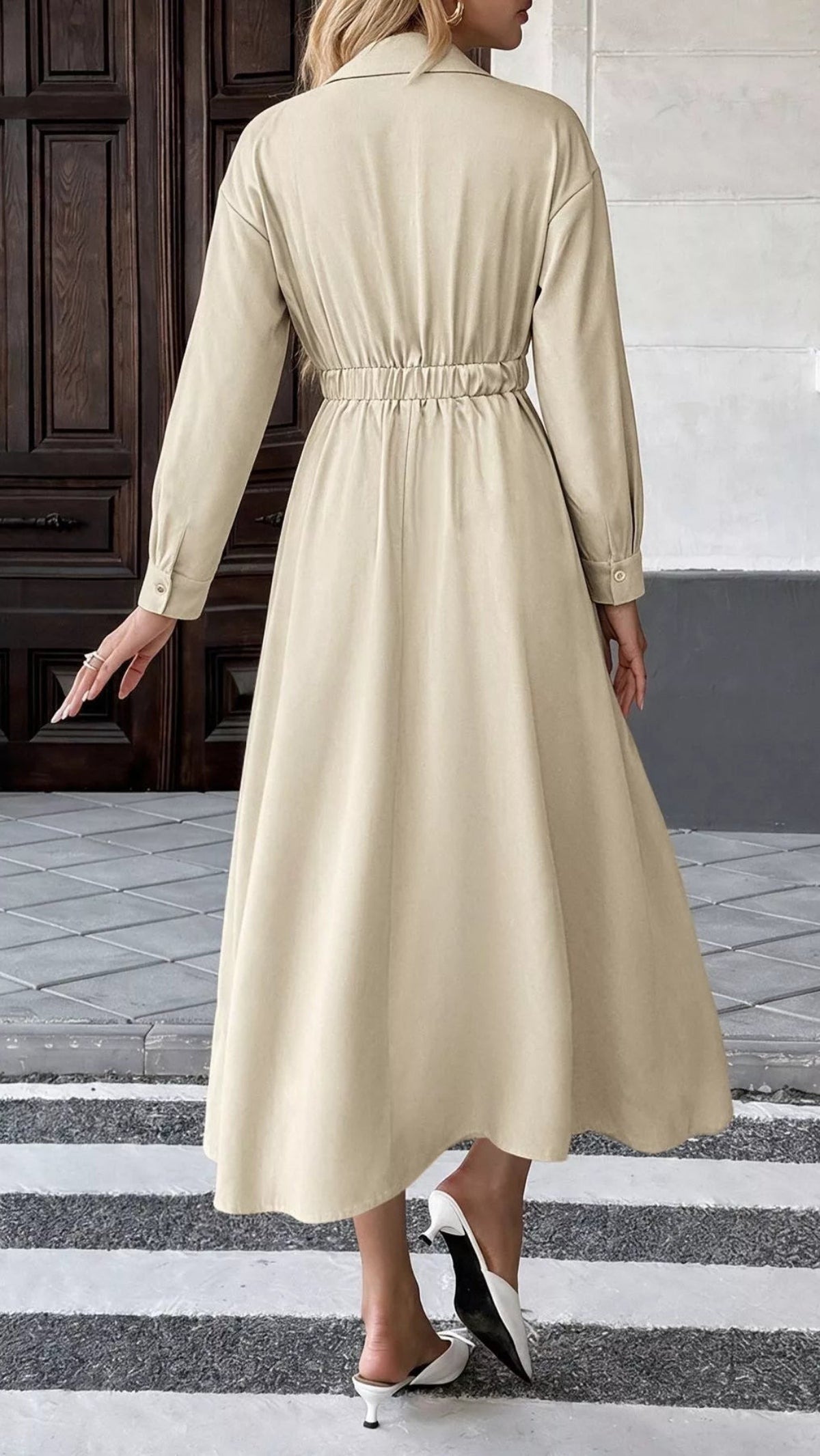 Women's Pleated Button Detail Long Sleeve Shirt Dress