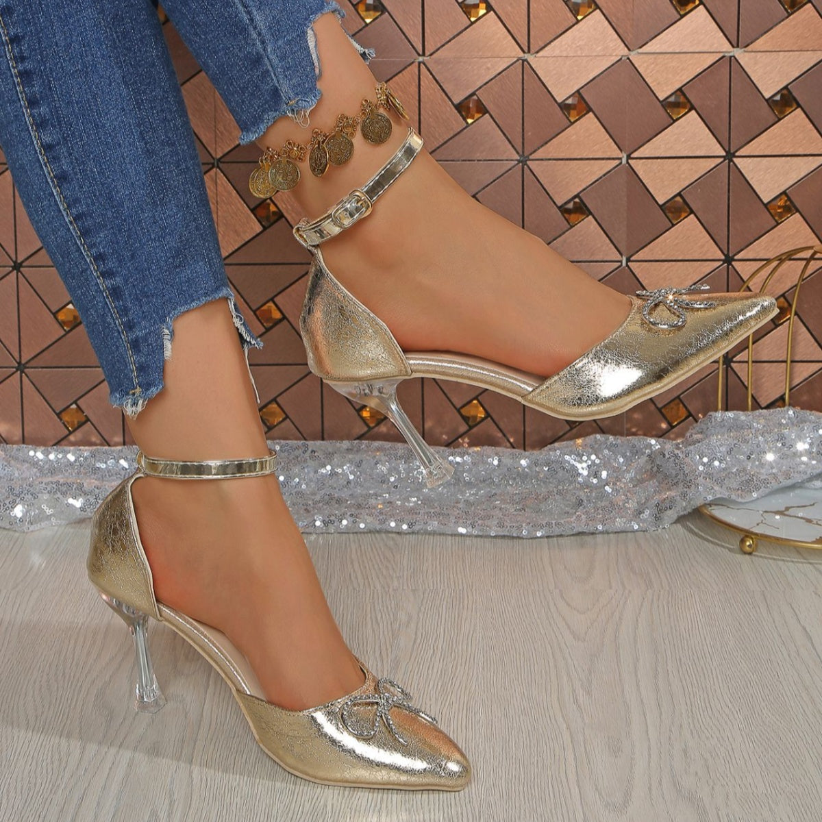 Women's Rhinestone Bow Point Toe Pumps