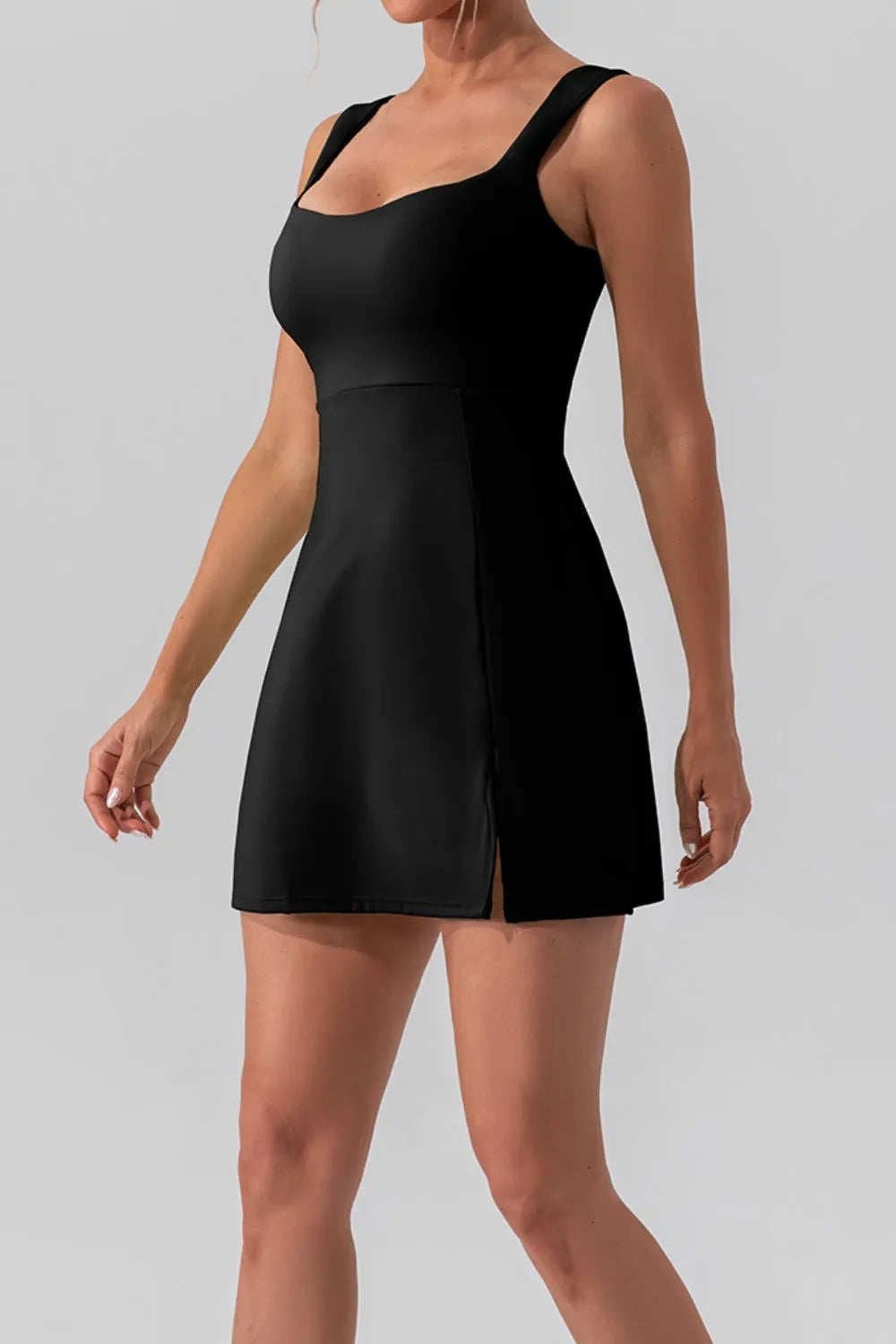 Women's Square Neck Sleeveless Slit Mini Active Dress