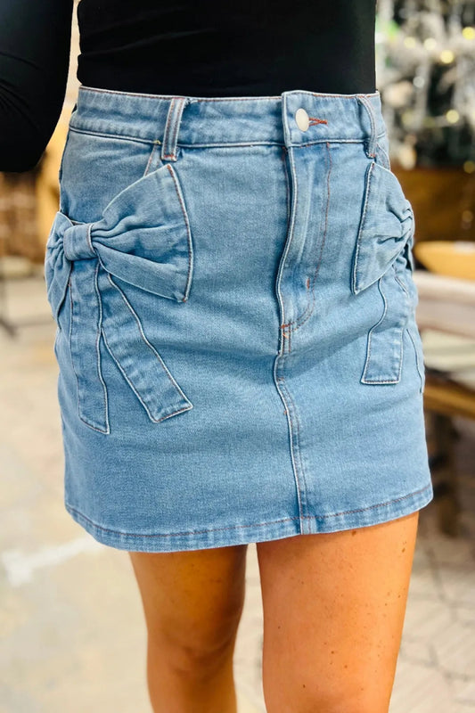 Acid Wash Bowknot Details High Waist Denim Skirt - Body Central