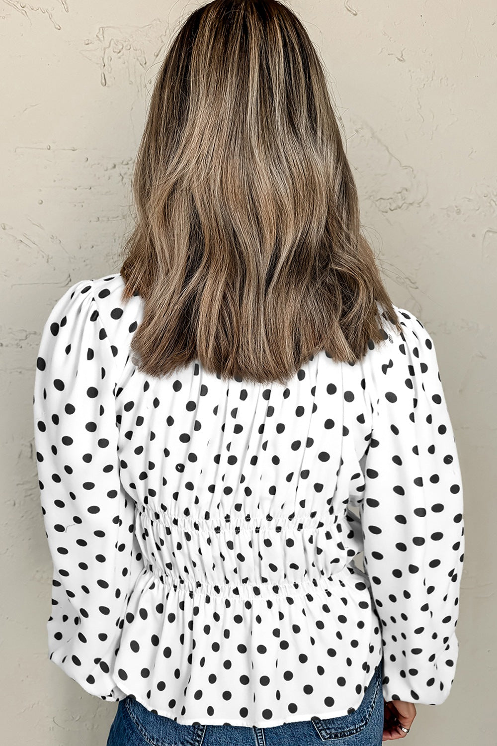 Bow Polka Dot Square Neck Long Sleeve Blouse - Body Central Store