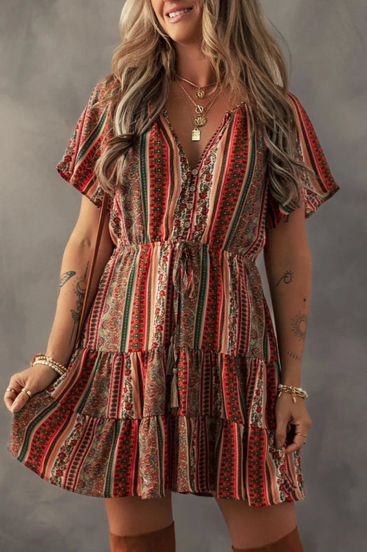 Bohemian Floral Print Buttoned V Neck Ruffle Tiered Dress - Body Central