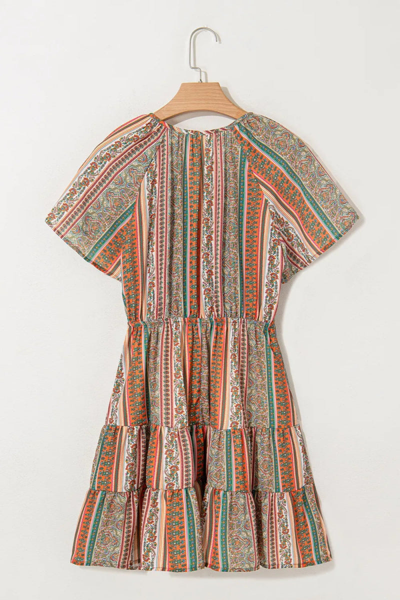 Bohemian Floral Print Buttoned V Neck Ruffle Tiered Dress - Body Central