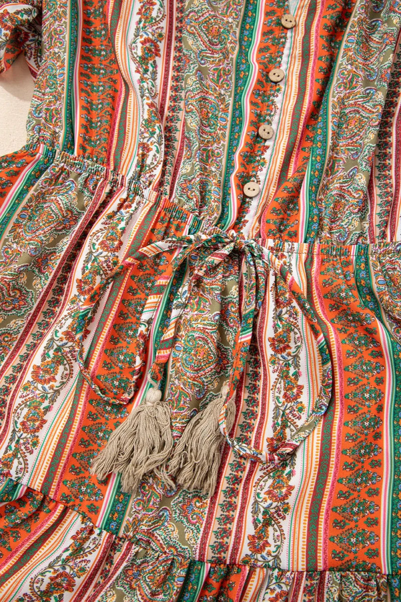 Bohemian Floral Print Buttoned V Neck Ruffle Tiered Dress - Body Central