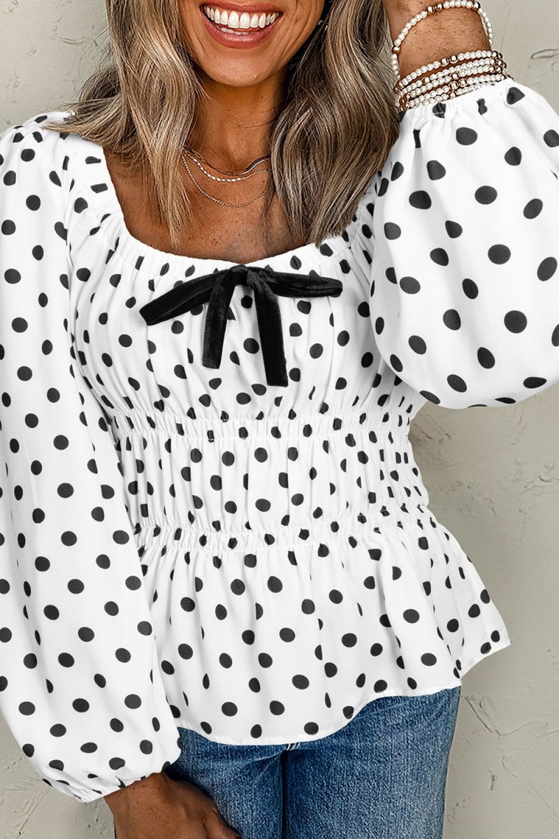 Bow Polka Dot Square Neck Long Sleeve Blouse - Body Central