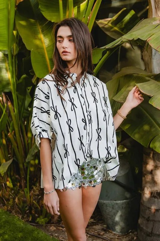 Bow Ribbon Woven Printed Button Down Shirt - Body Central