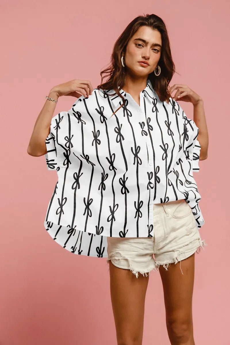 Bow Ribbon Woven Printed Button Down Shirt - Body Central