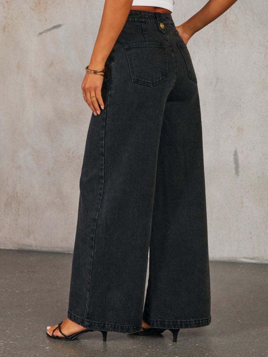 Button Decor High Rise Wide Leg Jeans - Body Central