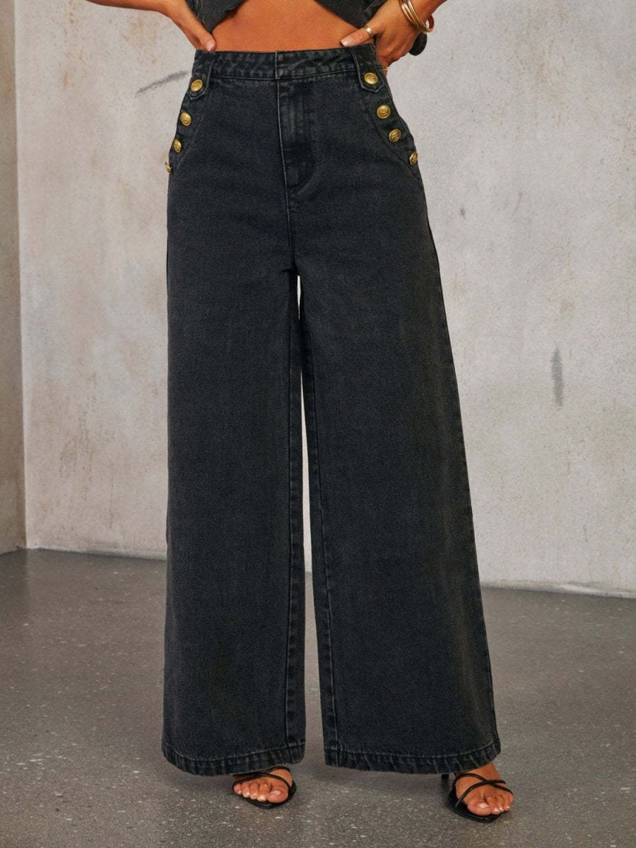 Button Decor High Rise Wide Leg Jeans - Body Central