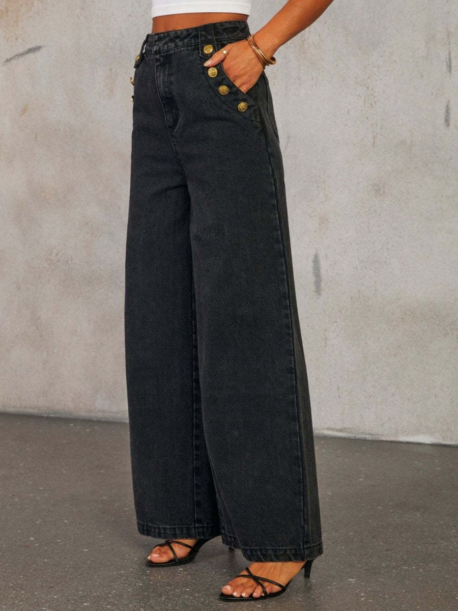 Button Decor High Rise Wide Leg Jeans - Body Central