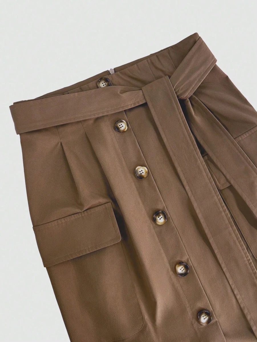 Button Detail Belted Cargo Skirt - Body Central