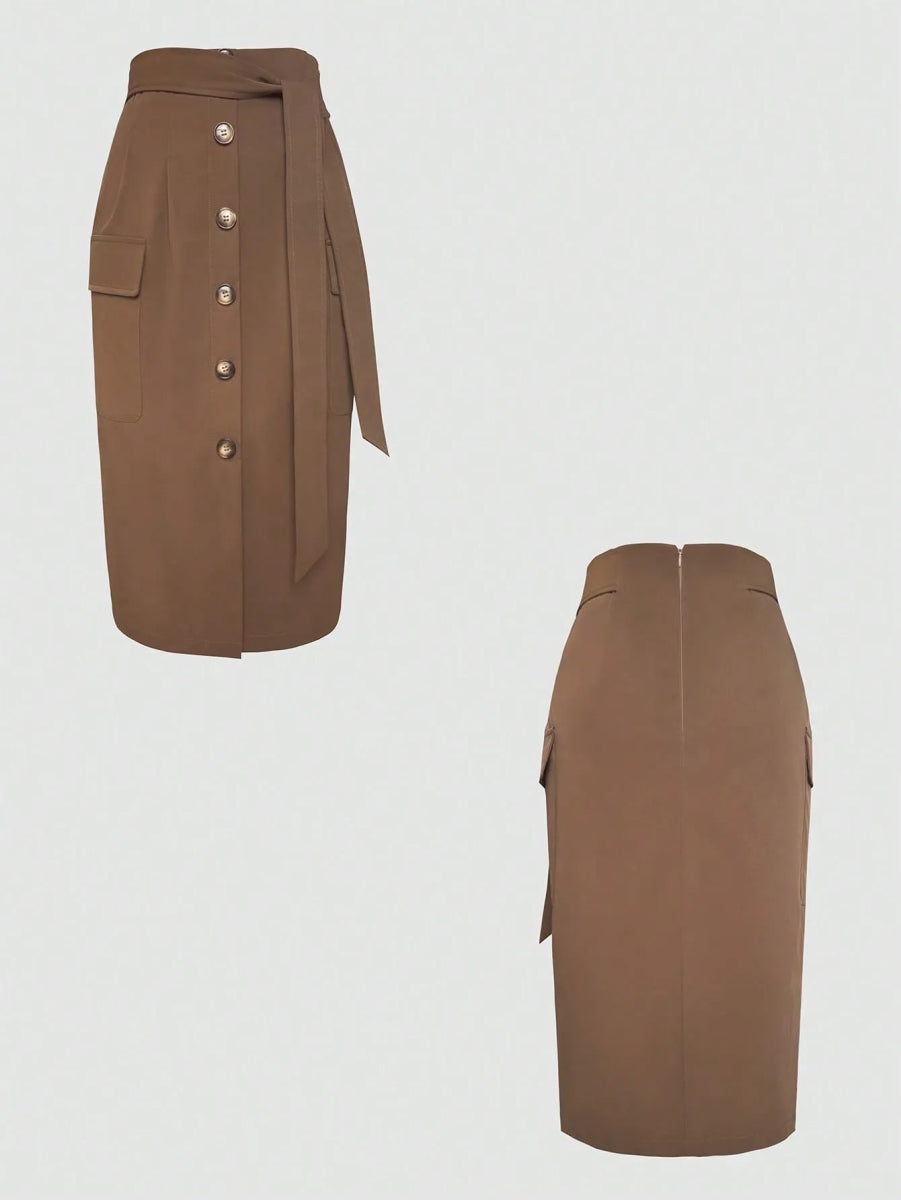 Button Detail Belted Cargo Skirt - Body Central