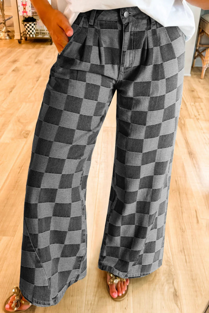 Checkered Wide Leg Jeans with Pockets - Body Central