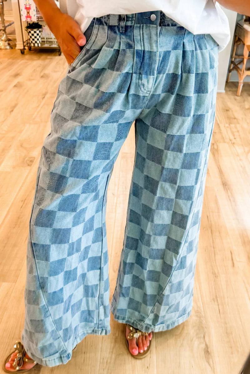 Checkered Wide Leg Jeans with Pockets - Body Central