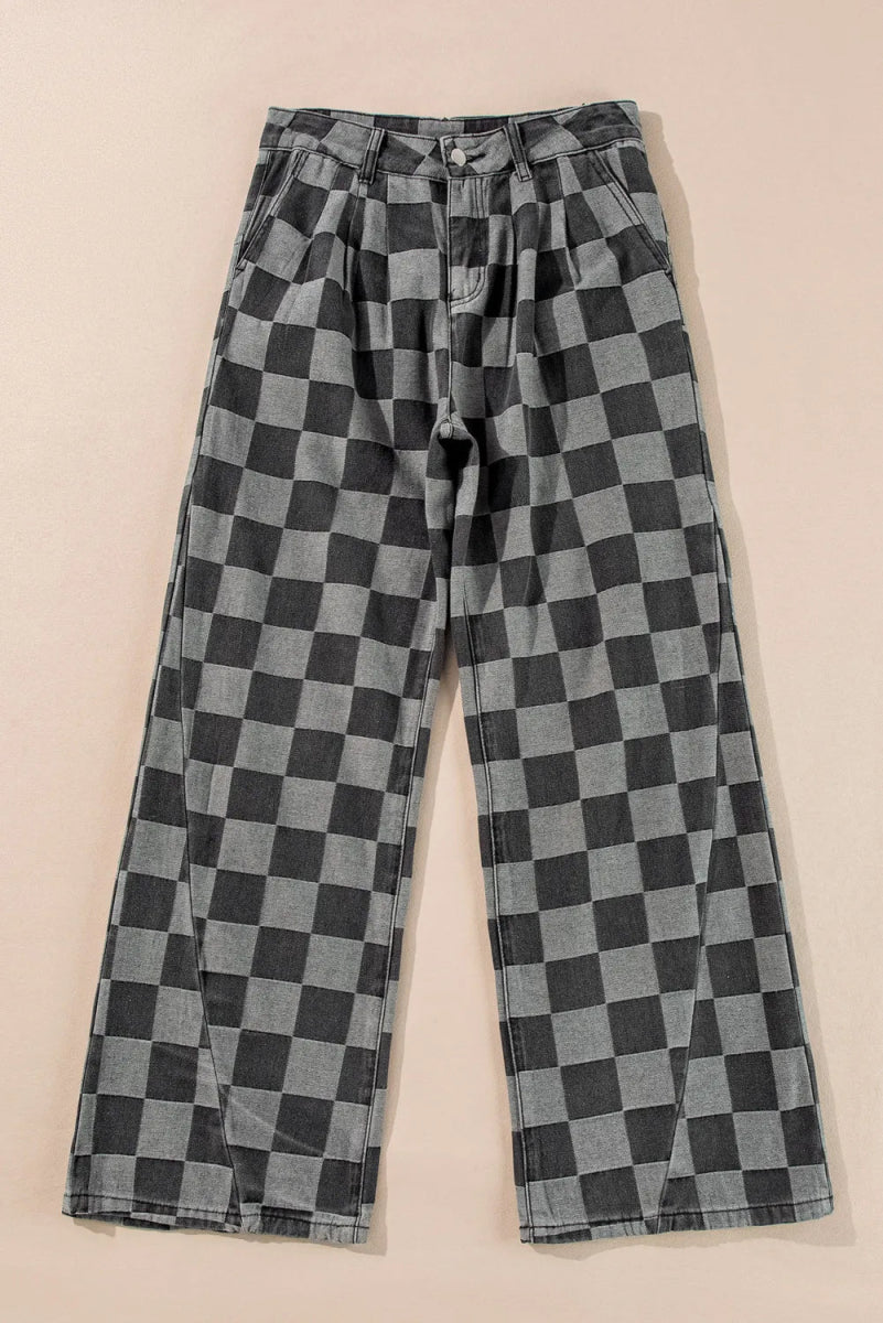Checkered Wide Leg Jeans with Pockets - Body Central