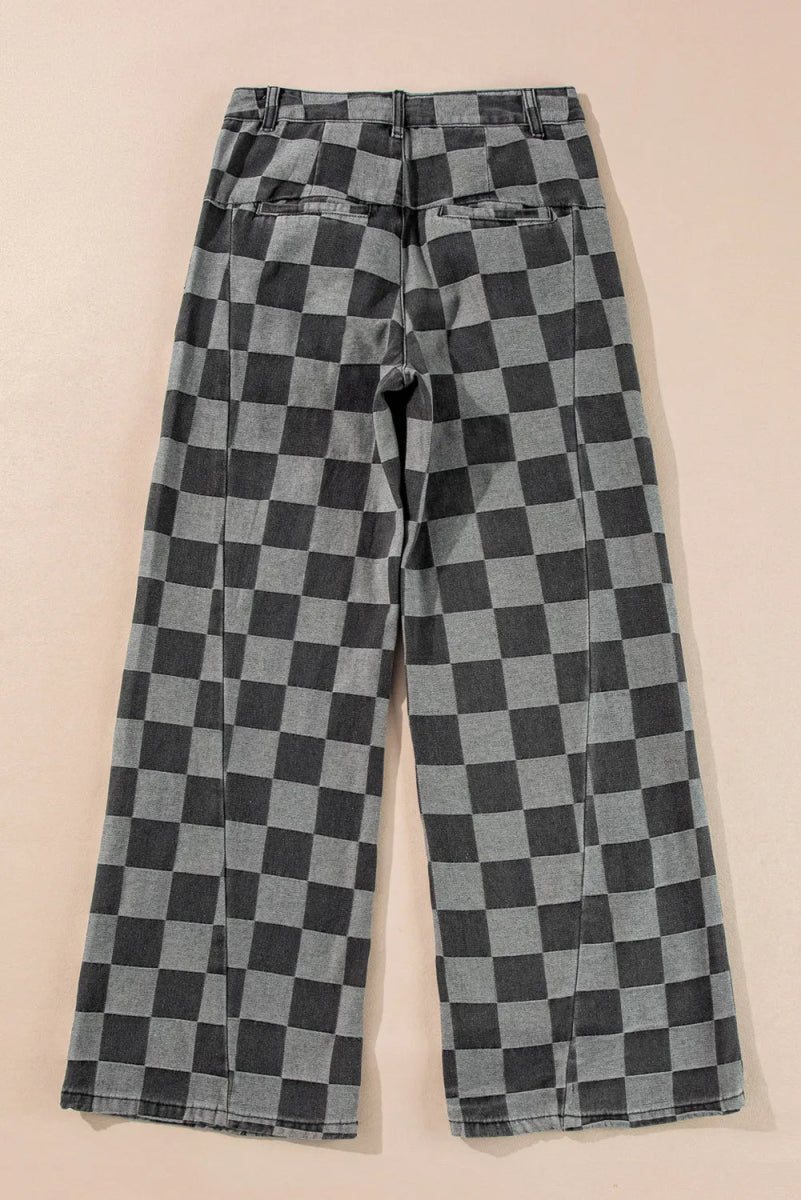 Checkered Wide Leg Jeans with Pockets - Body Central