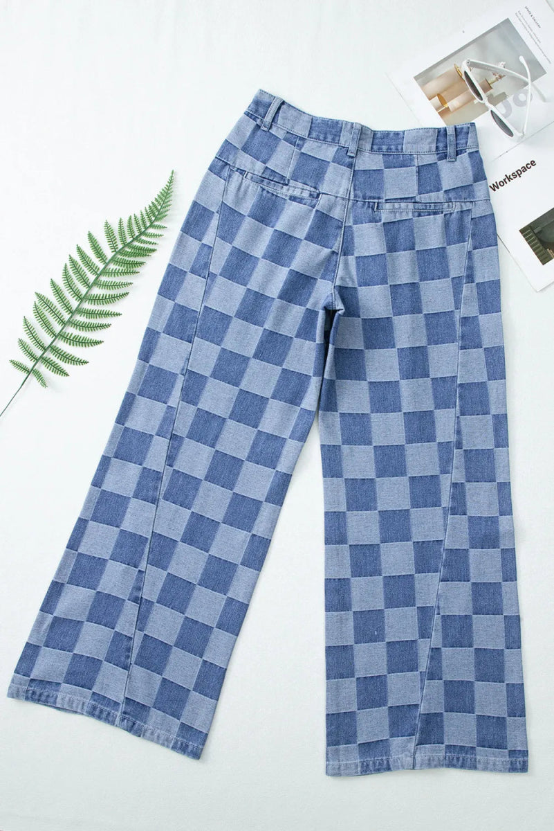 Checkered Wide Leg Jeans with Pockets - Body Central