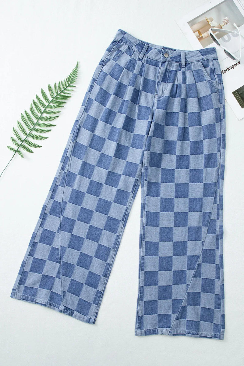 Checkered Wide Leg Jeans with Pockets - Body Central