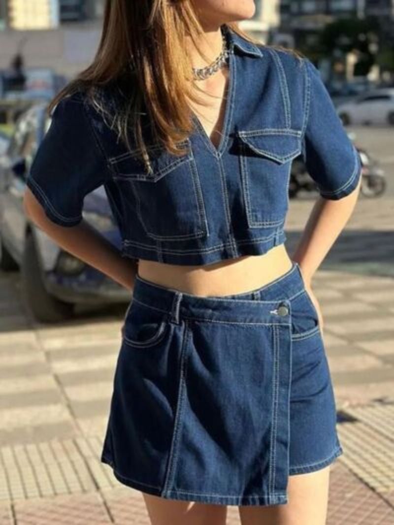 Collar Top & Skirt Denim Set - Body Central