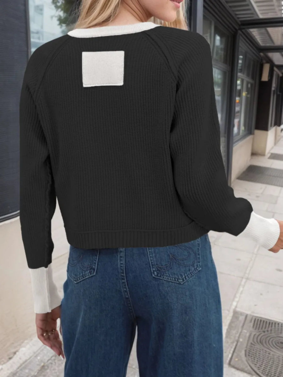 Contrast Button Up Long Sleeve Cardigan - Body Central