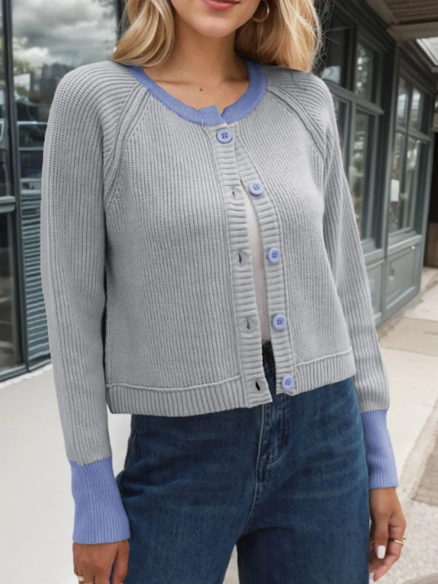 Contrast Button Up Long Sleeve Cardigan - Body Central