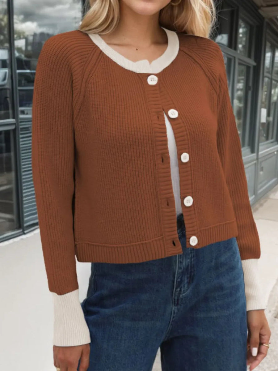 Contrast Button Up Long Sleeve Cardigan - Body Central