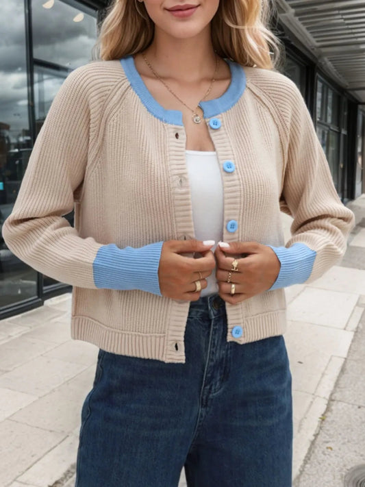 Contrast Button Up Long Sleeve Cardigan - Body Central