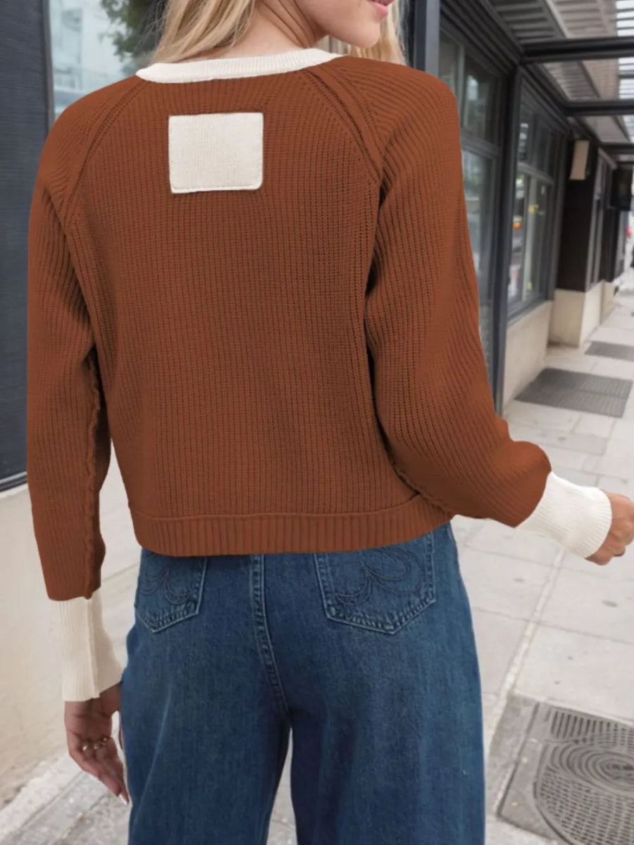 Contrast Button Up Long Sleeve Cardigan - Body Central