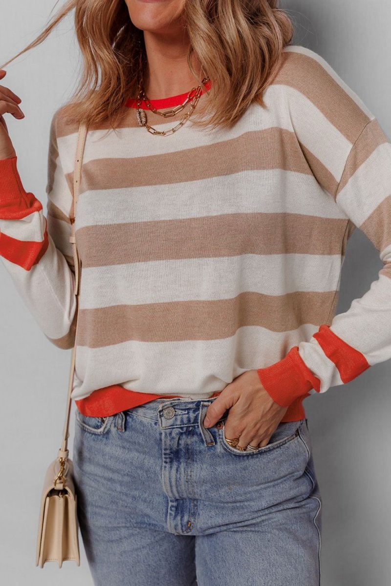 Contrast Striped Round Neck Drop Shoulder Knit Top - Body Central