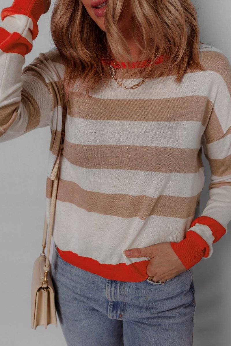 Contrast Striped Round Neck Drop Shoulder Knit Top - Body Central