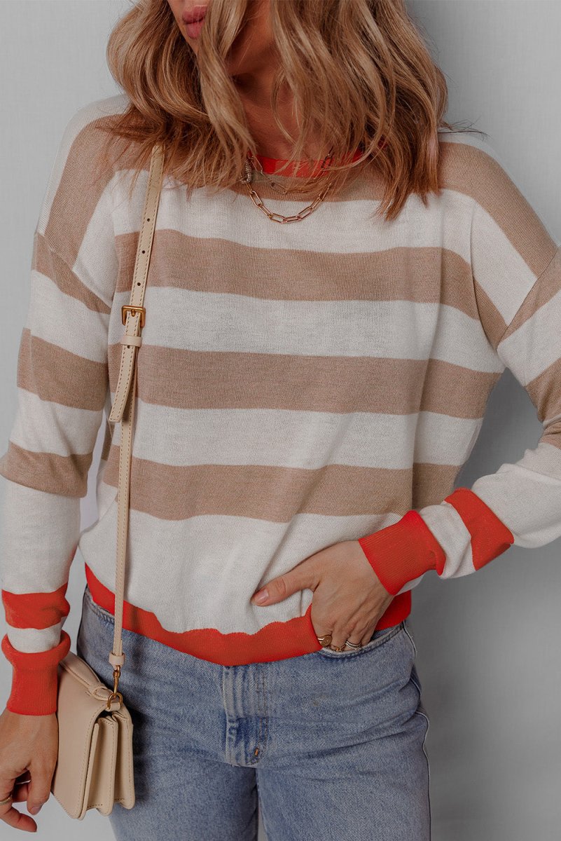 Contrast Striped Round Neck Drop Shoulder Knit Top - Body Central