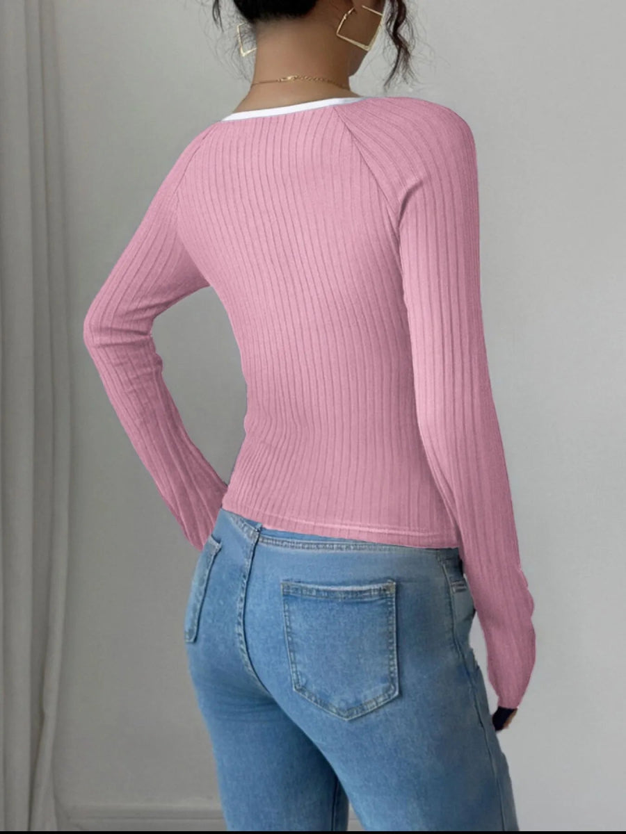 Contrast Trim Long Sleeve T-Shirt - Body Central