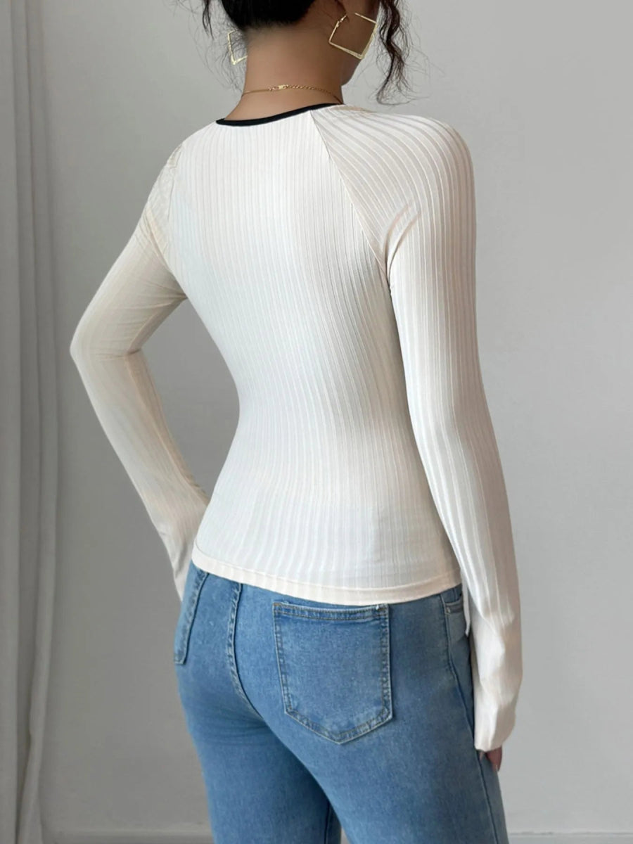 Contrast Trim Long Sleeve T-Shirt - Body Central