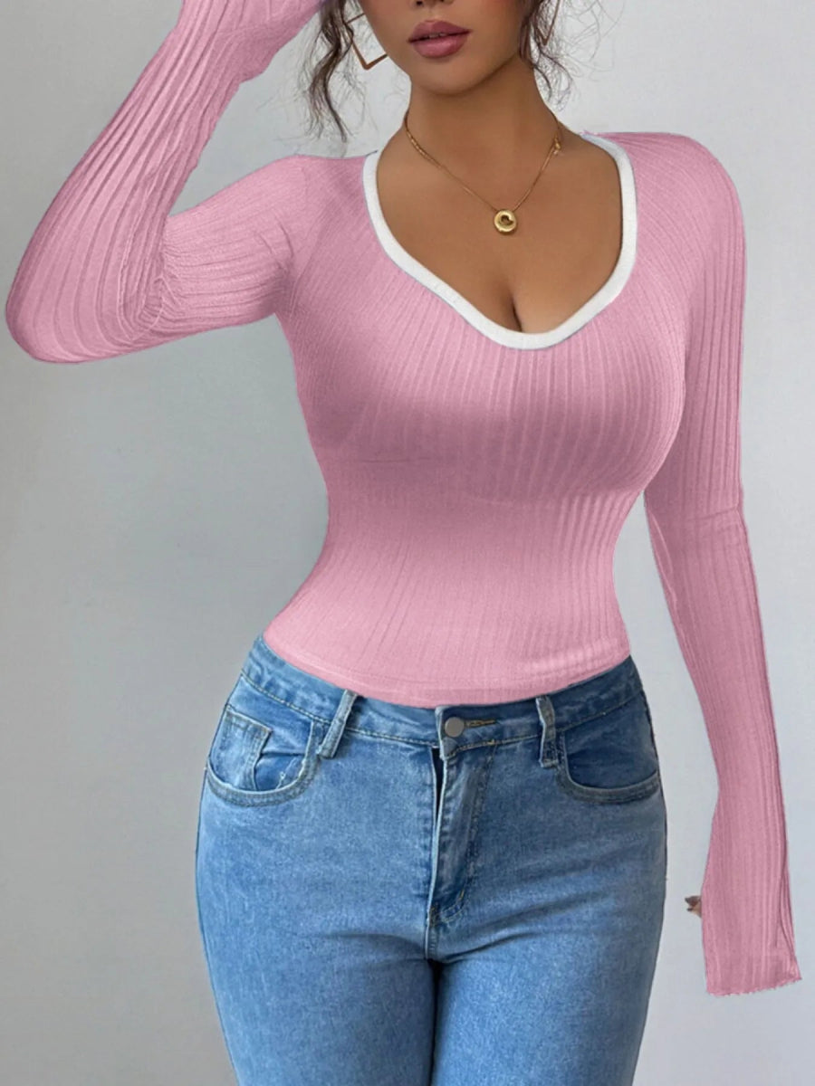 Contrast Trim Long Sleeve T-Shirt - Body Central