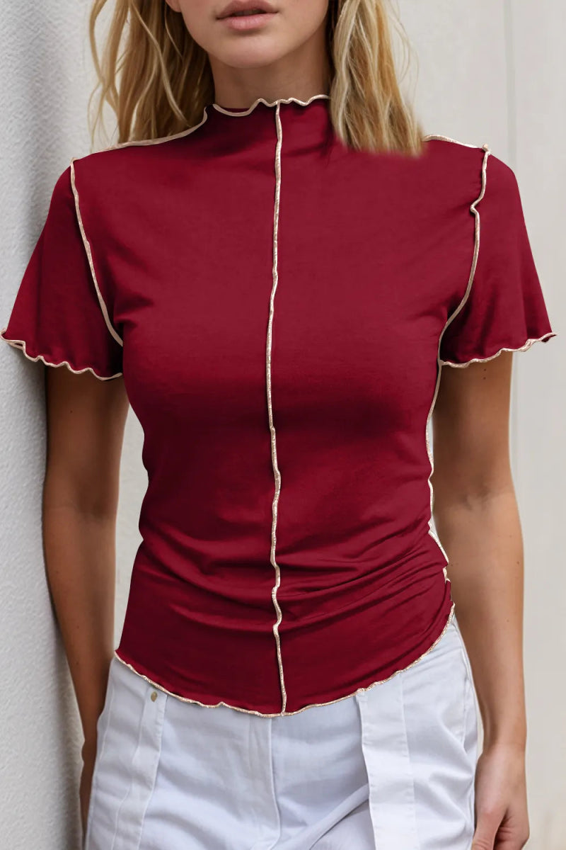 Contrast Trim Mock Neck Short Sleeve Blouse - Body Central