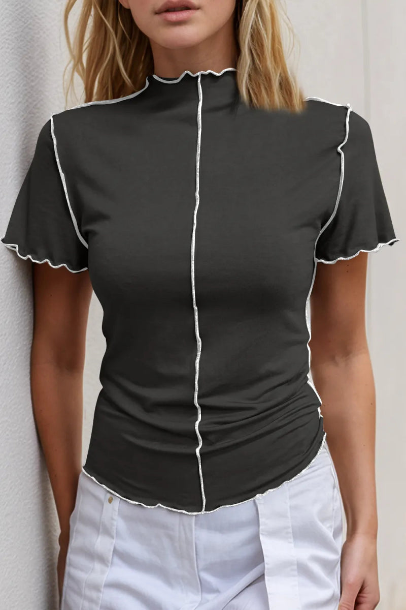 Contrast Trim Mock Neck Short Sleeve Blouse - Body Central