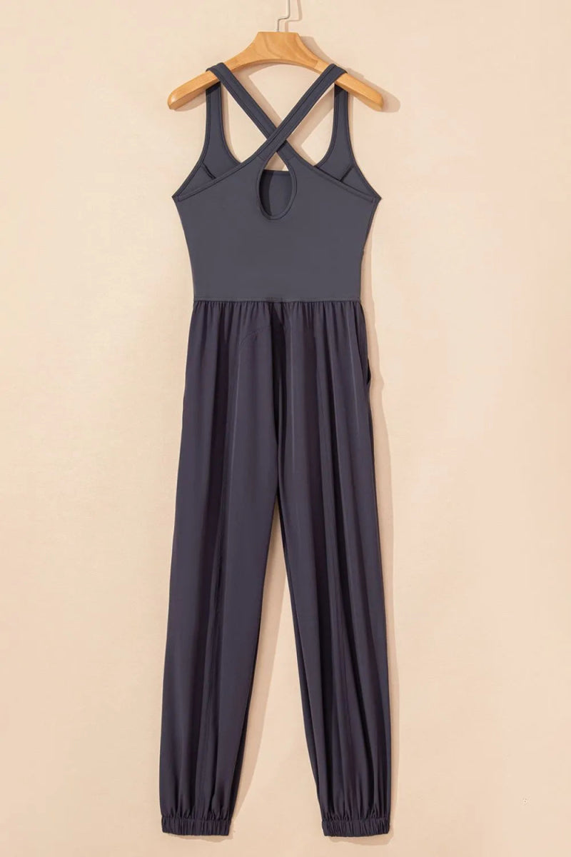 Cutout Square Neck Wide Strap Active Jumpsuit - Body Central