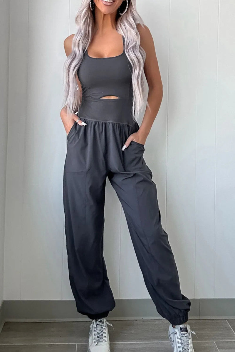 Cutout Square Neck Wide Strap Active Jumpsuit - Body Central