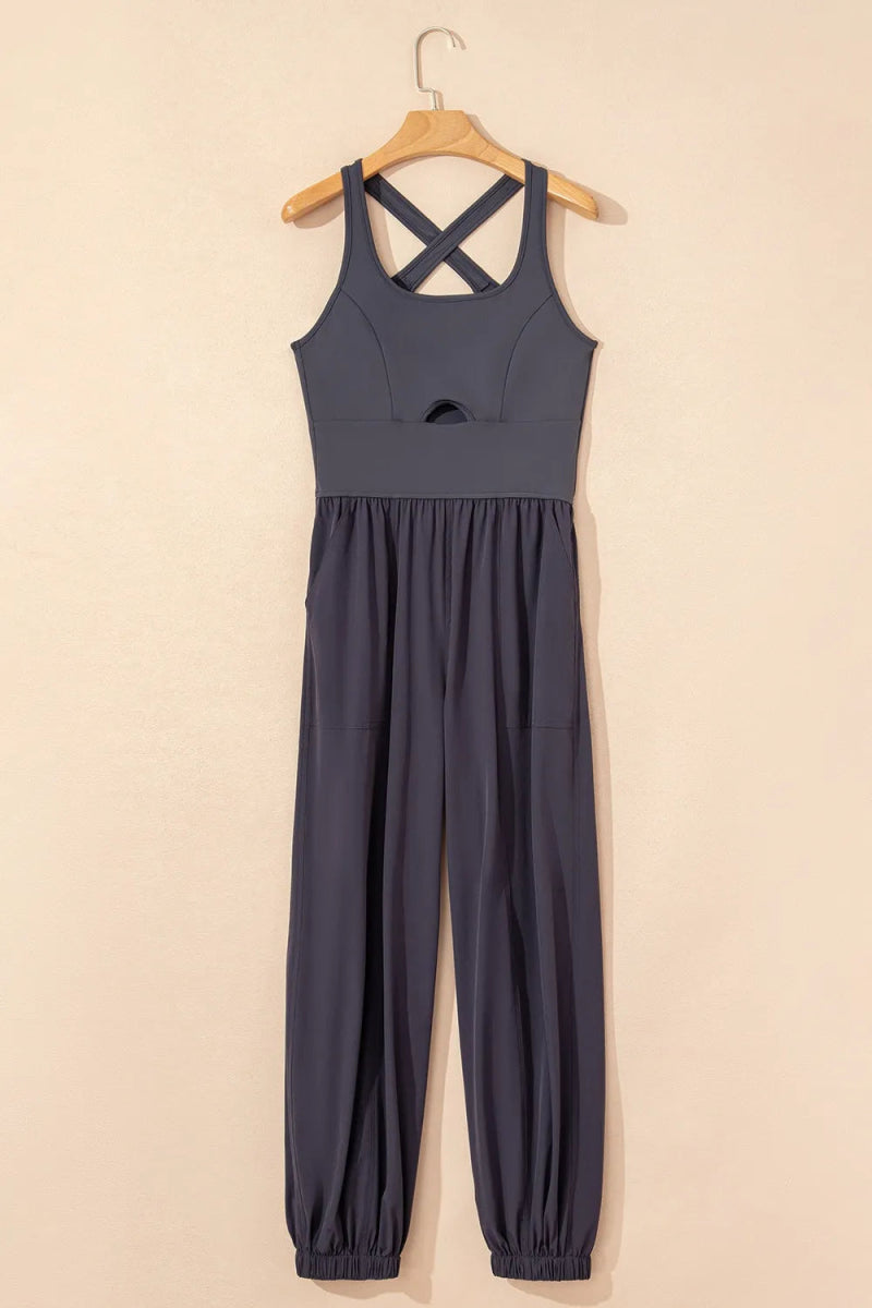Cutout Square Neck Wide Strap Active Jumpsuit - Body Central
