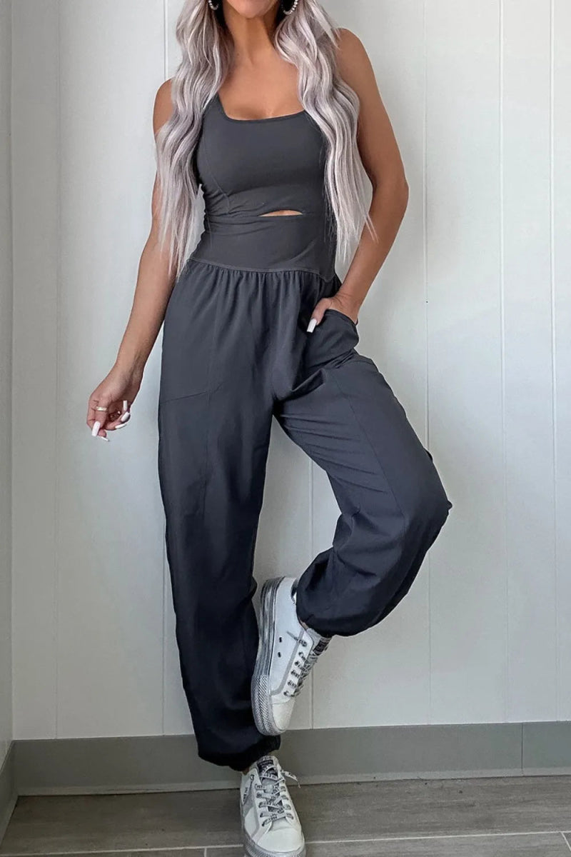 Cutout Square Neck Wide Strap Active Jumpsuit - Body Central