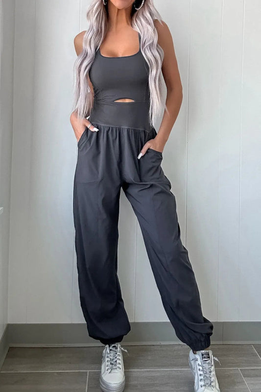 Cutout Square Neck Wide Strap Active Jumpsuit - Body Central