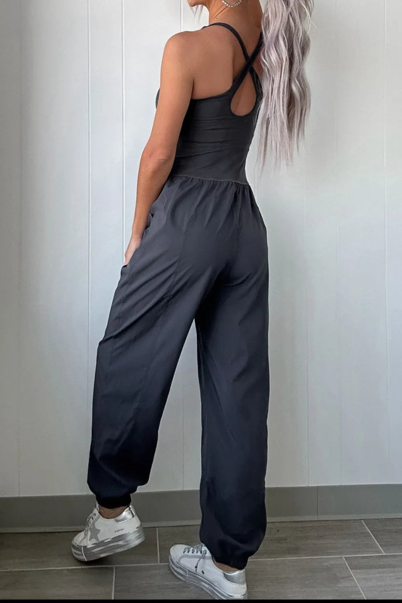 Cutout Square Neck Wide Strap Active Jumpsuit - Body Central