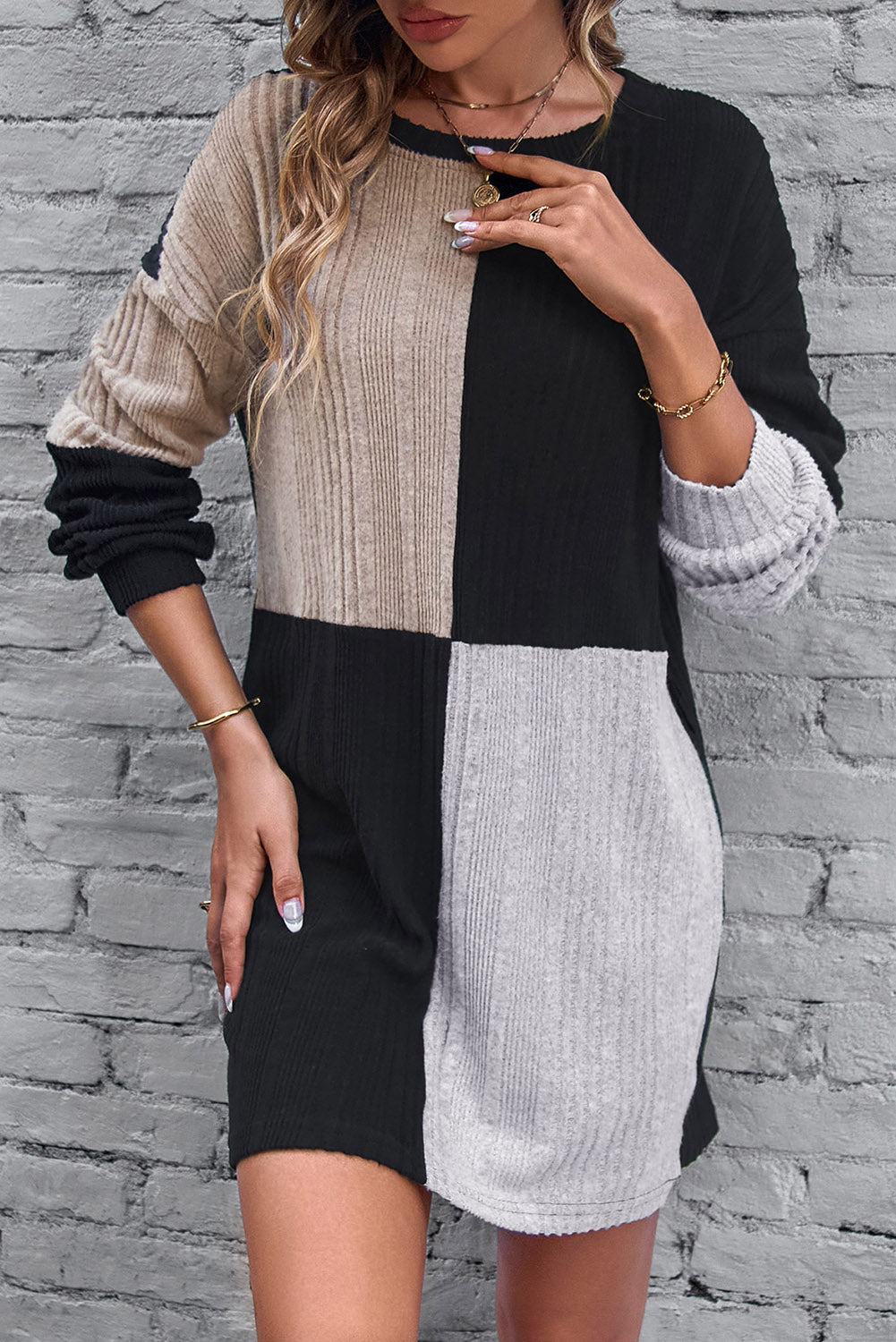 Color Block Drop Shoulder Long Sleeve Mini Dress - Body Central Store