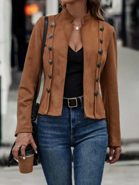 Decorative Button Open Front Long Sleeve Jacket - Body Central