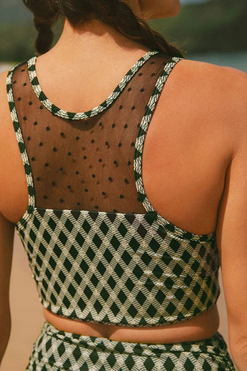 Dotted Mesh Plaid Patchwork High Waisted Swim Set - Body Central