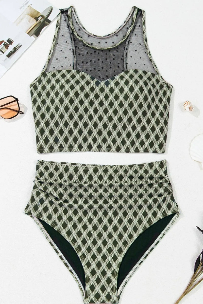 Dotted Mesh Plaid Patchwork High Waisted Swim Set - Body Central
