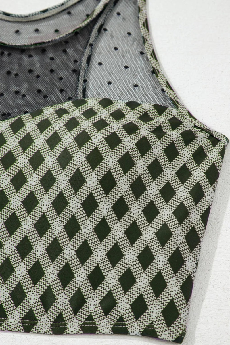 Dotted Mesh Plaid Patchwork High Waisted Swim Set - Body Central