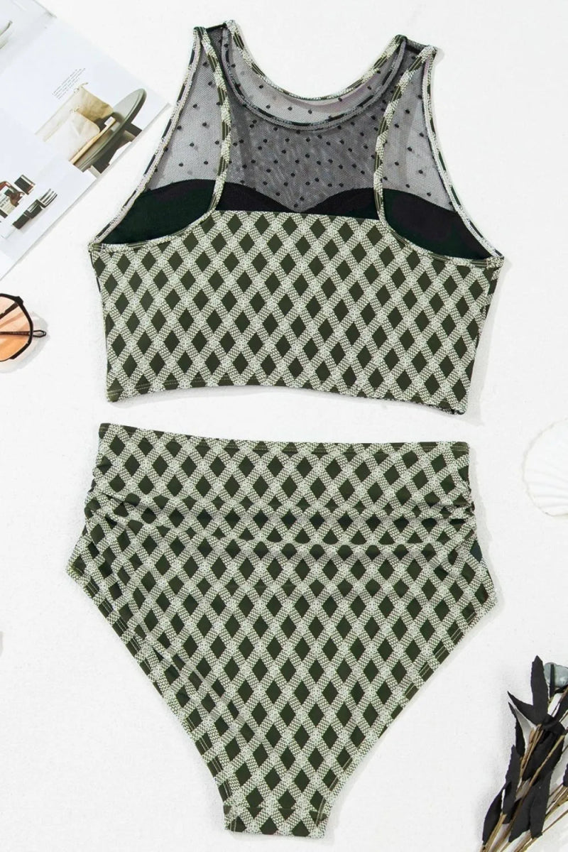 Dotted Mesh Plaid Patchwork High Waisted Swim Set - Body Central