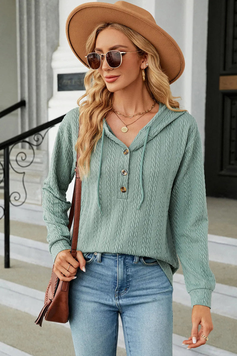 Drawstring Half Button Long Sleeve Hoodie - Body Central